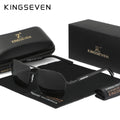 Black rectangular KINGSEVEN sunglasses with case, box, and cleaning cloth, laid on a white surface.