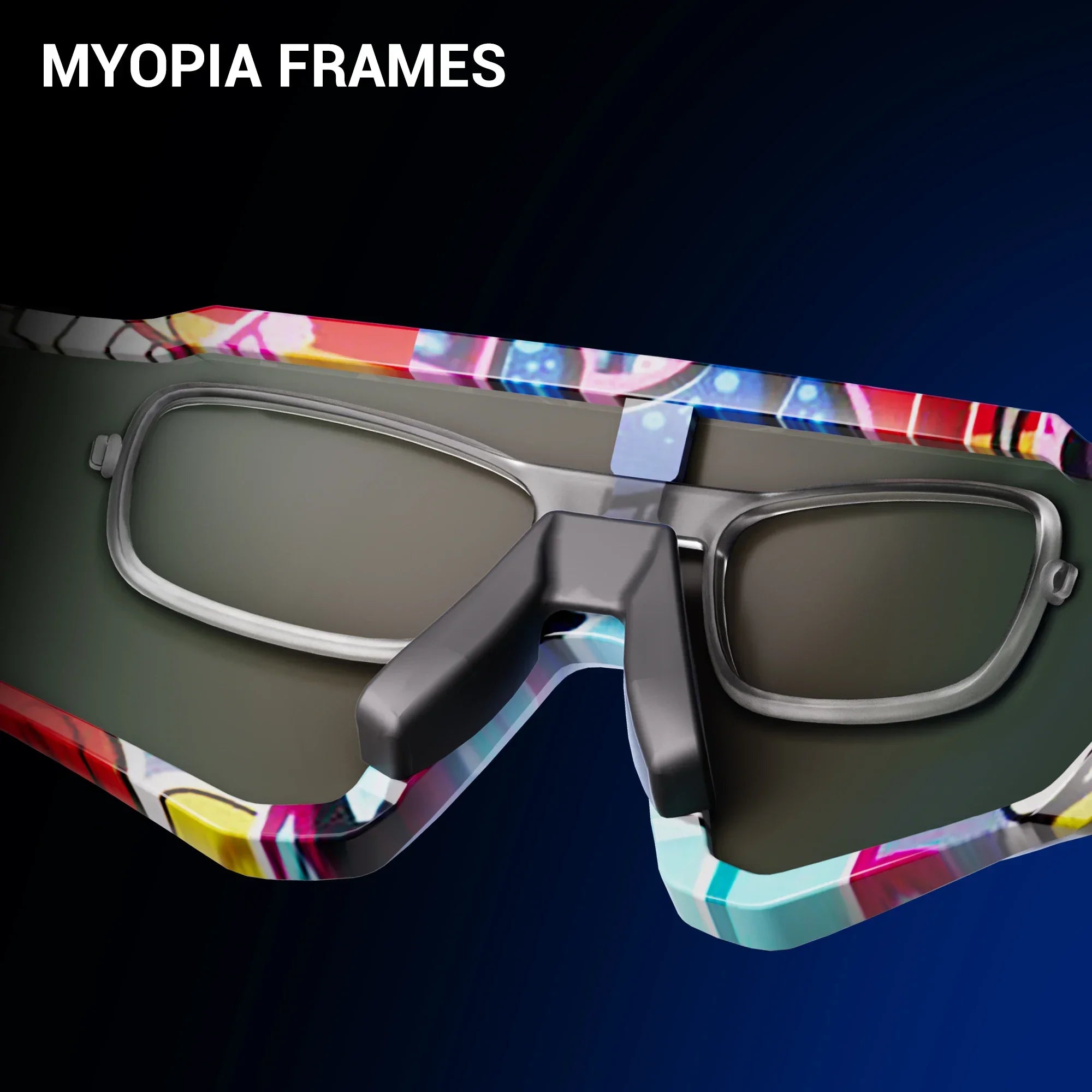 Colorful myopia eyeglasses frames with bold pattern on dark background