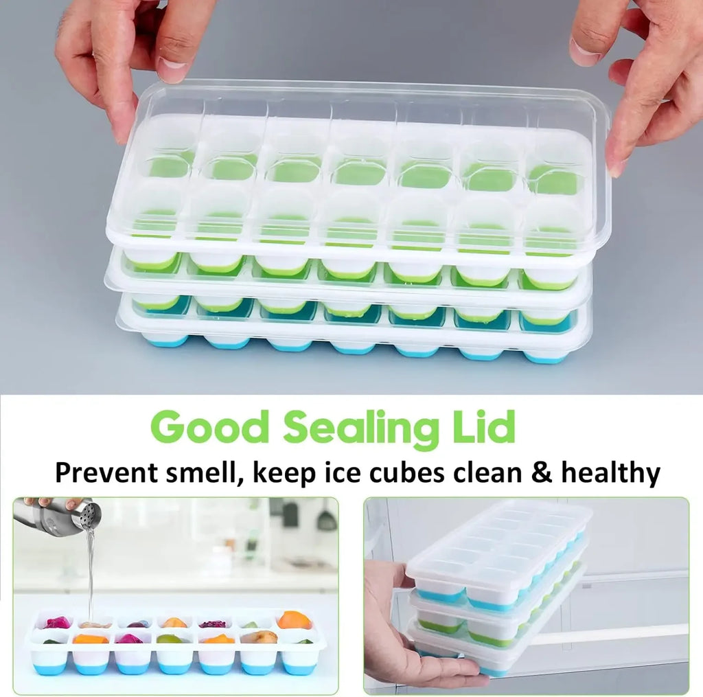 Silicone Ice Cube Mold Trays Reusable Ice Tray with Lid 14 Cube Easy Release Whiskey Cocktail Freezer Container