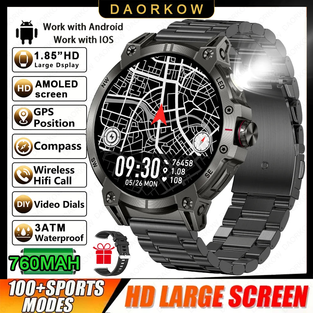 Military smartwatch men,760mAh Bluetooth call,LEDflashlight,compass,1.85HD Large screen,heart rate.blood pressure,IP68waterproof