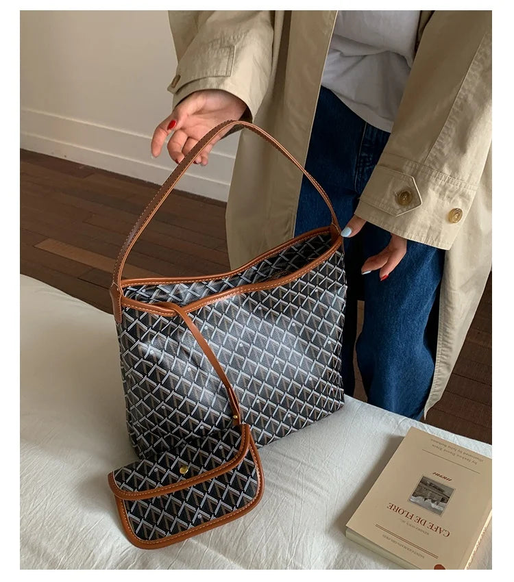 Large Capacity Women's Shoulder Bag Fashionable Commuter Tote Bag Soft PU Leather Printed Geometric Pattern Autumn New Arrival
