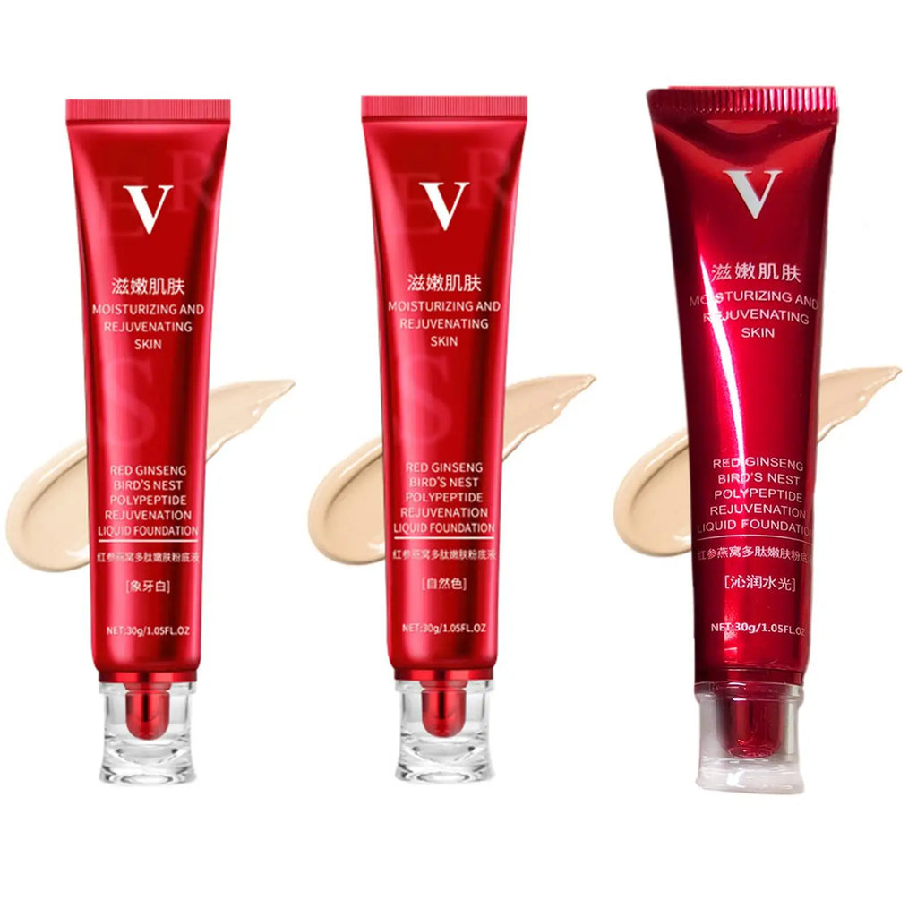 Red skincare foundation tubes with moisturizing liquid swatches, labeled for rejuvenating skin.