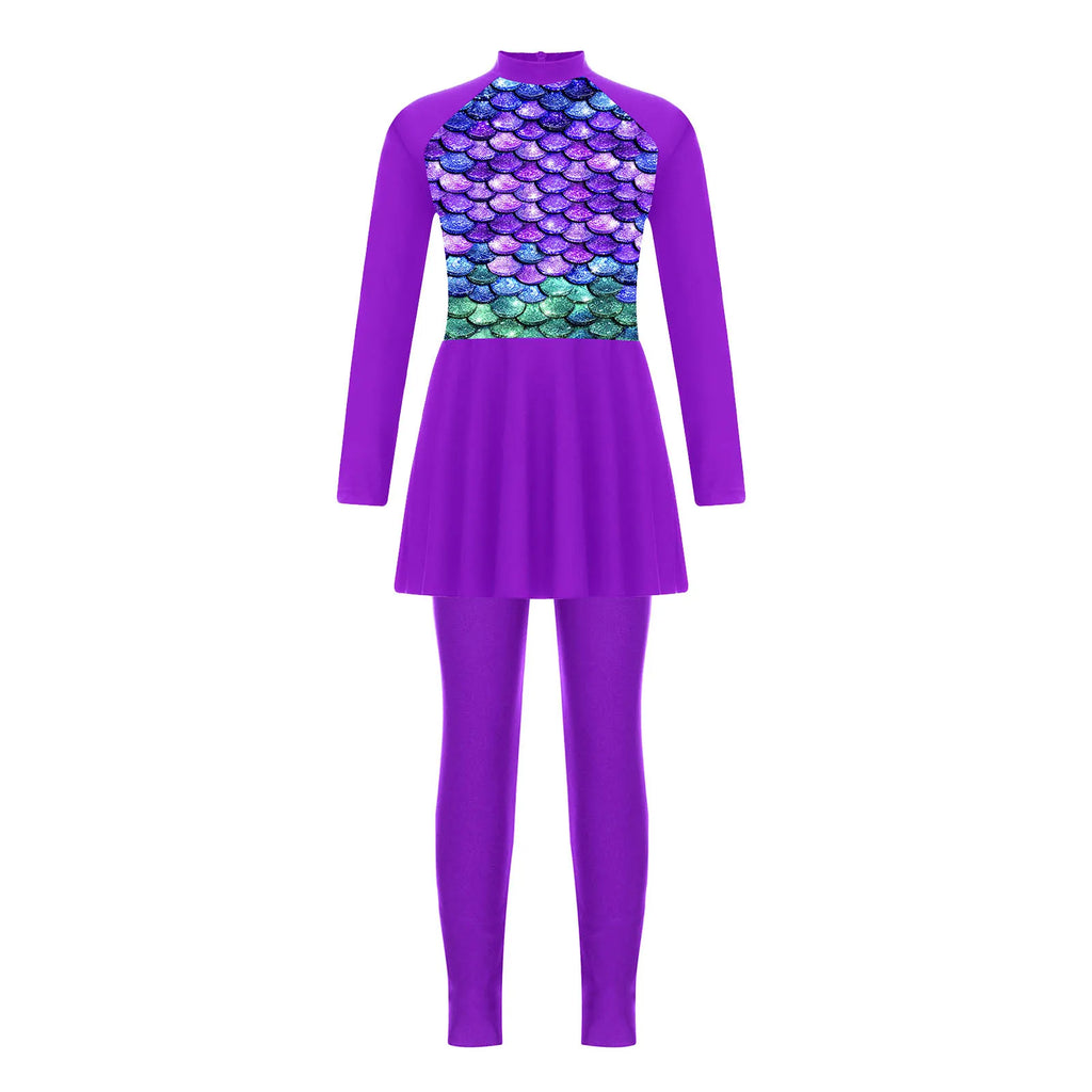 Girls Swimsuits 2 Piece Rash Guard Set UPF 50 Sun Protection Long Sleeve Swim Dress with Leggings Kids Full Body Cover Beachwear
