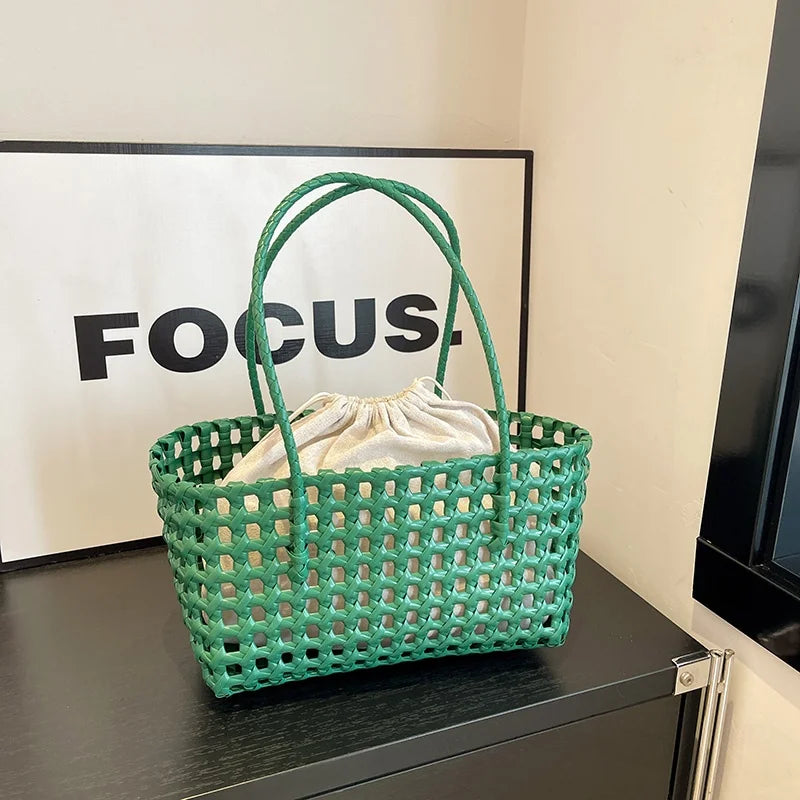Hollow out Woven Beach Vacation Shoulder Backpack Women's Bag Casual Simple Style Double Strap Handbag for Daily Use