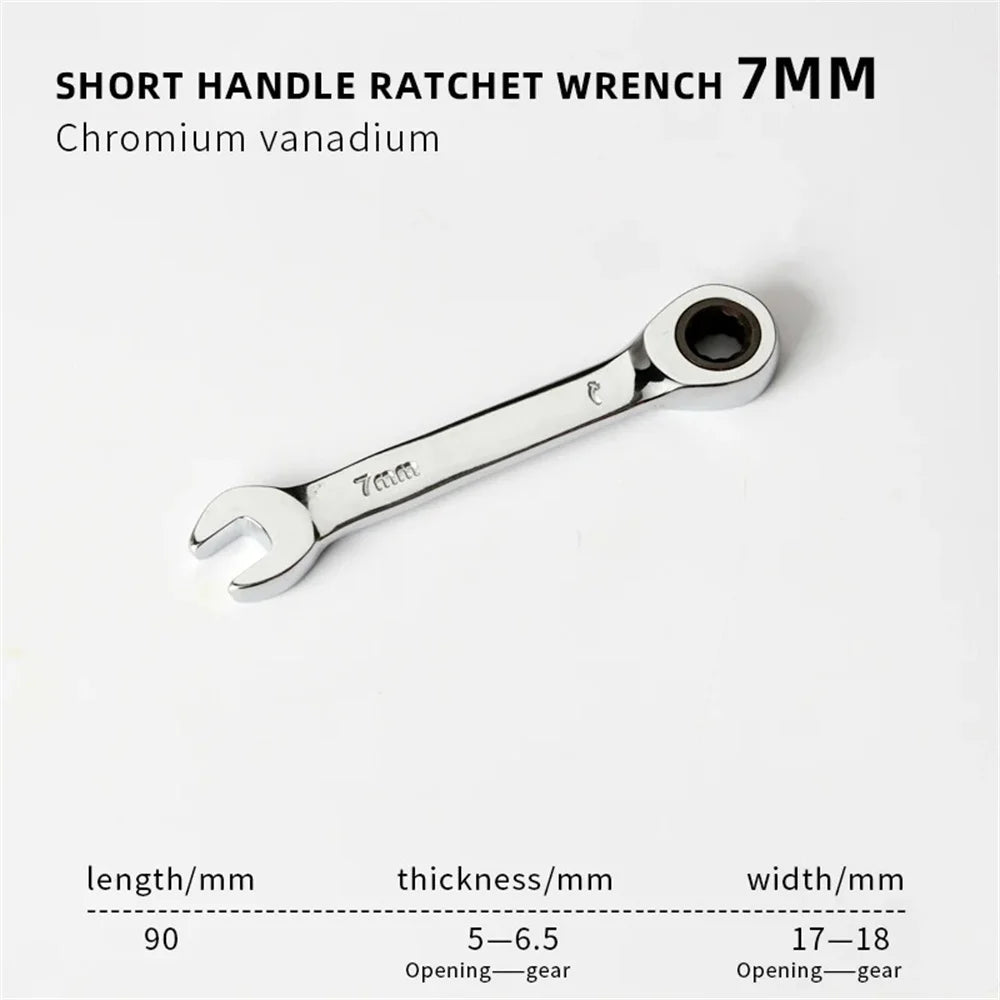 6-19mm Stubby Ratchet Spanner Short Ratchet Wrench Car Repair Hand Tools 72 Tooth Design Short Handle Dual-purpose Wrench Tool