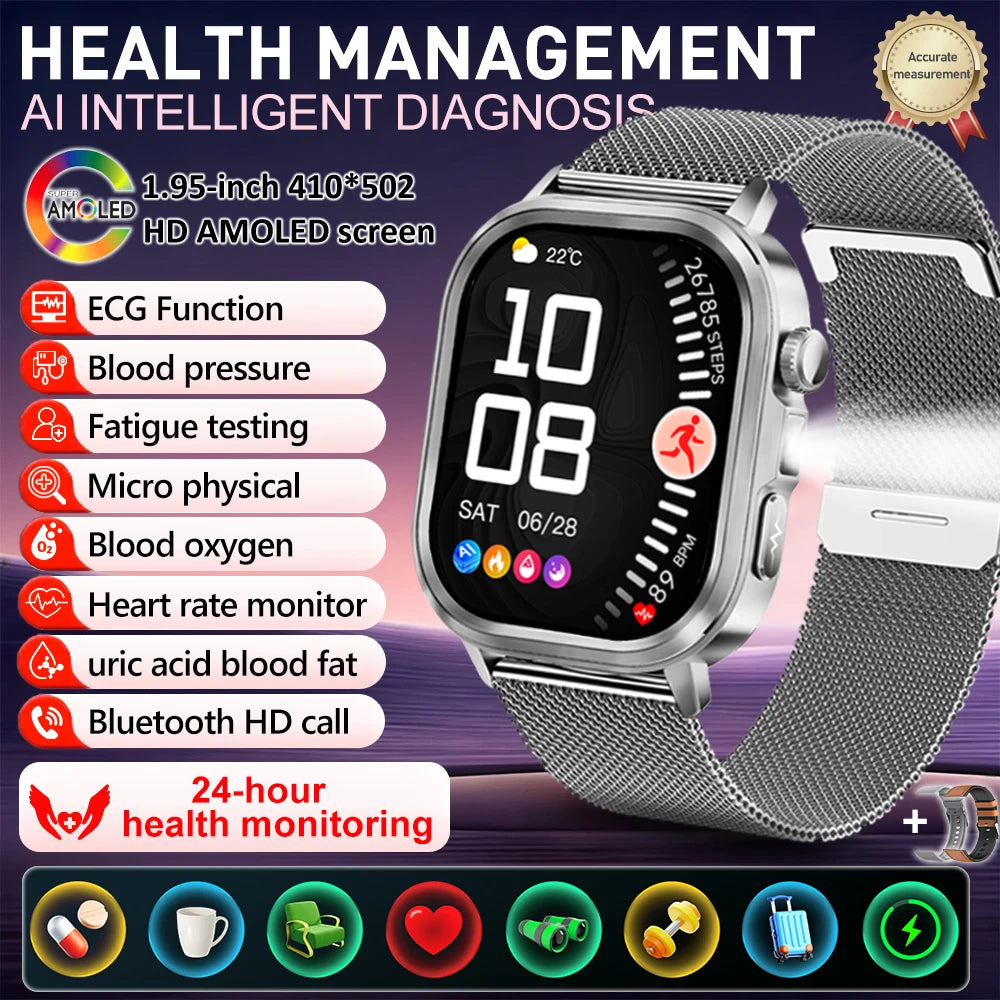 2025Nursing Level Uric Acid Blood lipids Smart Watch Men Blood Pressure ECG+PPG Clock Body Analysis Voice Call Health Smartwatch