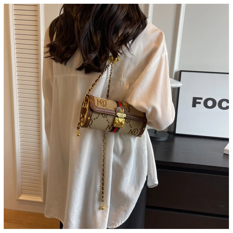 Fashionable Retro Summer Women's Chain Crossbody Bag Trendy Cylinder Bag Soft PU Leather Casual Style Small Size Korean Style
