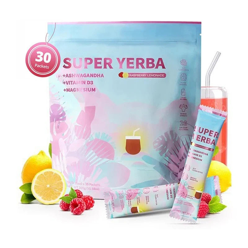 Super Yerba Aswagandha Magnesium Vitamin D Drink Energy Boost - Clean Energy, Brain Fog Buster and Gut Health Supplement