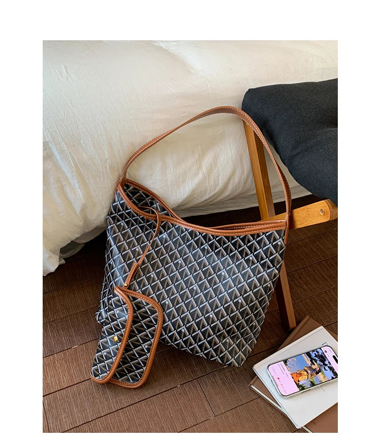 Large Capacity Women's Shoulder Bag Fashionable Commuter Tote Bag Soft PU Leather Printed Geometric Pattern Autumn New Arrival
