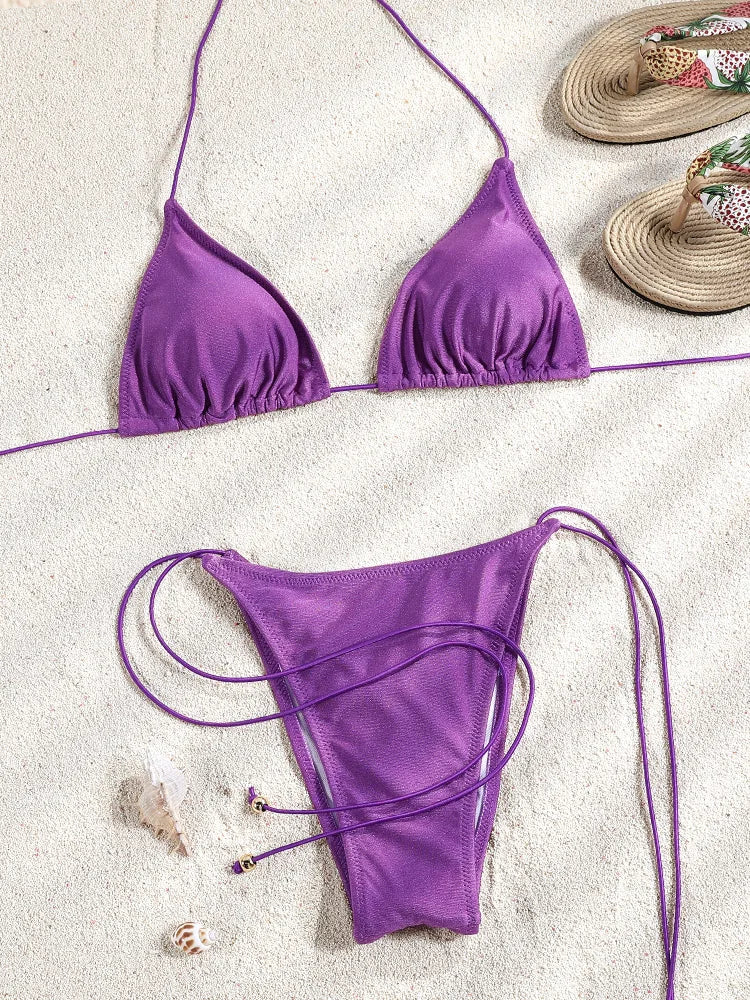 Miyouj New Bikini Triangle Swimwear Leopard Two Piece Suit Solid Color Bathsuit Sexy Swimsuits High Cut Bathwear Bandage Biquini