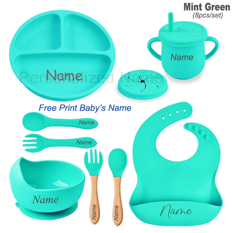 Personalized Logo Name Baby Silicone Dishes Feeding Set Suction Cup Bowl Tableware Kids Bowl Spoon Fork Bib Feeding Set BPA Free