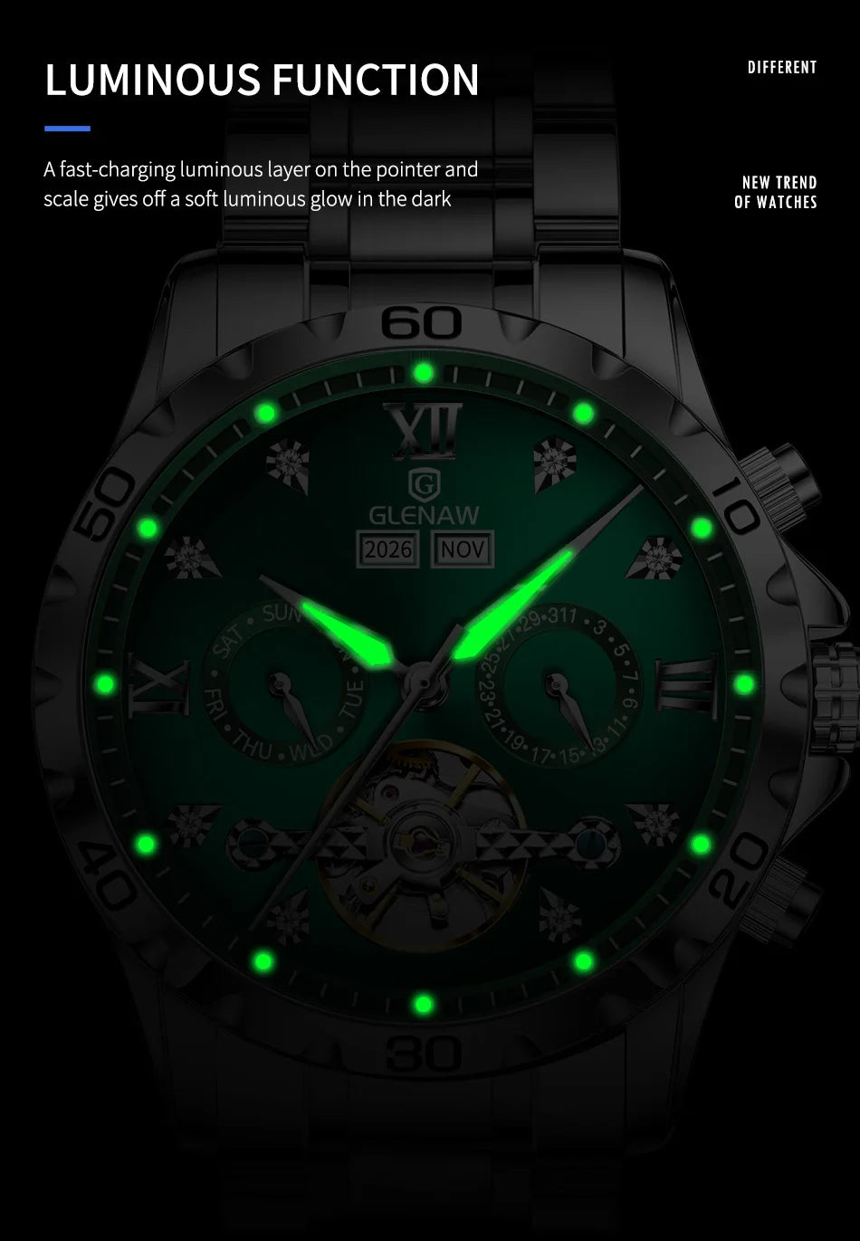 Glenaw high-end business fully automatic mechanical multi-functional men's watch trendy fashion waterproof watch