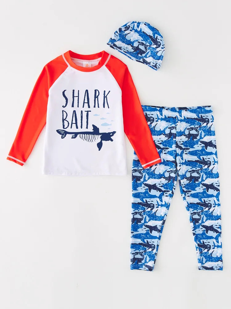 Children's Swimsuit Orange Long Sleeve Rash Guard Kids UPF50 UV Protection Boy's Beach Clothes Shark Swimming Bathing Suit Kids