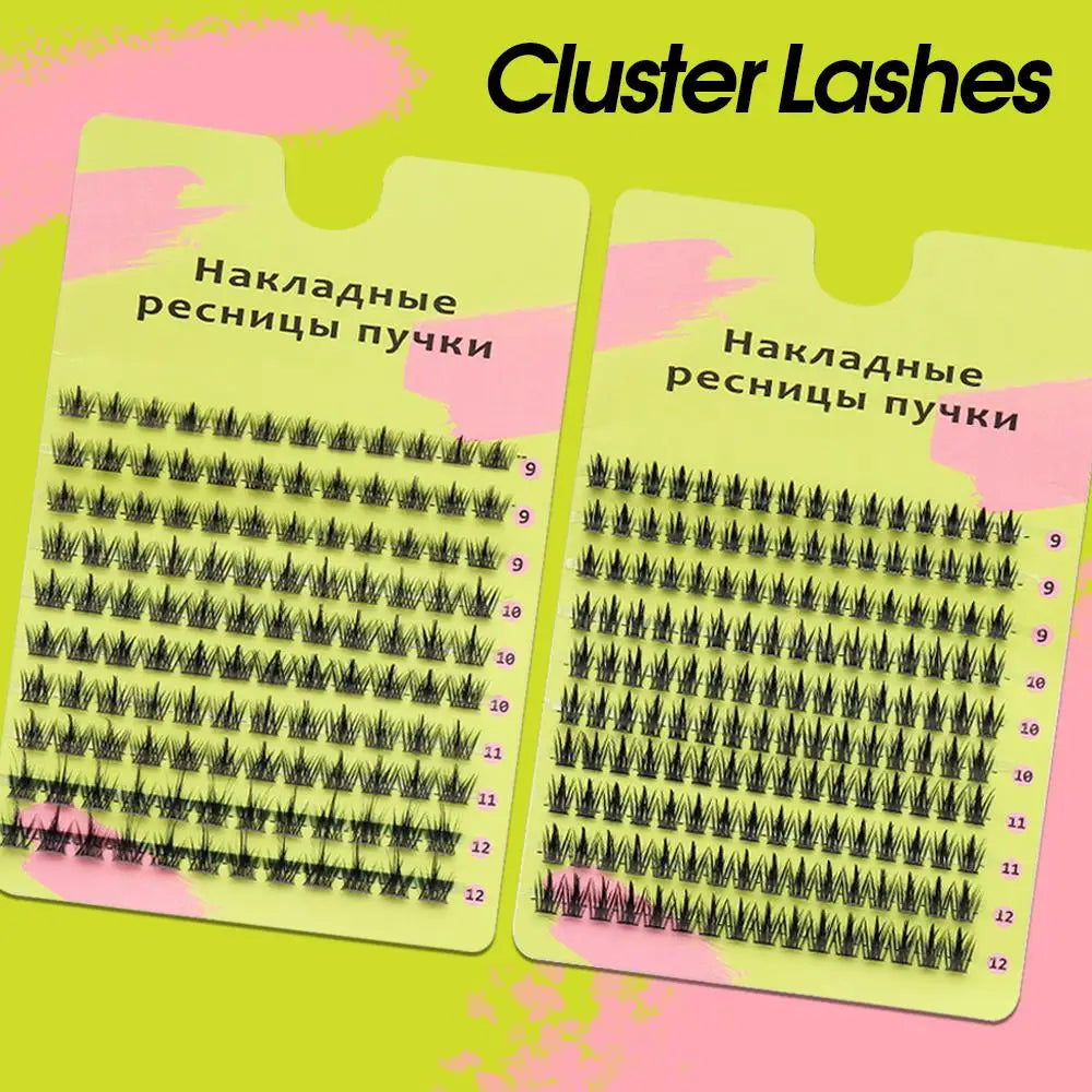 Cluster eyelash extensions tray on neon background, false lashes in assorted lengths