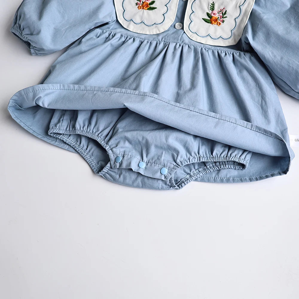 Spring Baby Clothing Solid Pleated Baby Bodysuit Toddler Girls Embroidered Flower Big Collar One Piece