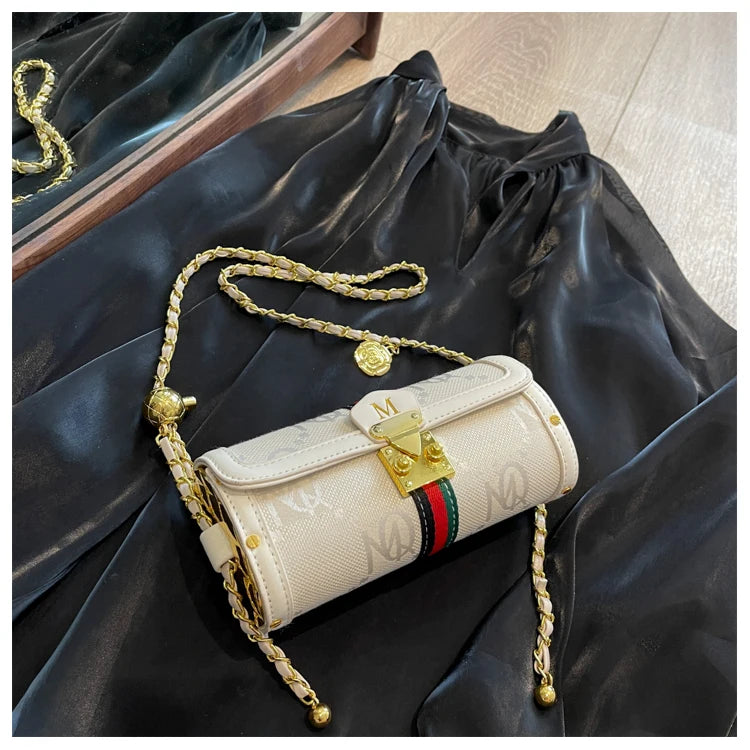 Fashionable Retro Summer Women's Chain Crossbody Bag Trendy Cylinder Bag Soft PU Leather Casual Style Small Size Korean Style