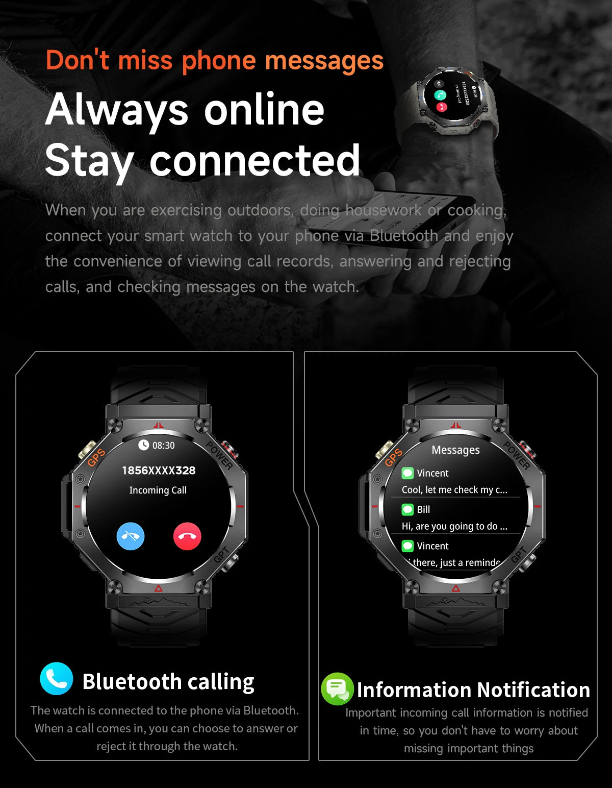 New ChatGPT AI assistant smartwatch with 5ATM water resistance, GPS, built-in dual-frequency GNSS and compass. For men and women