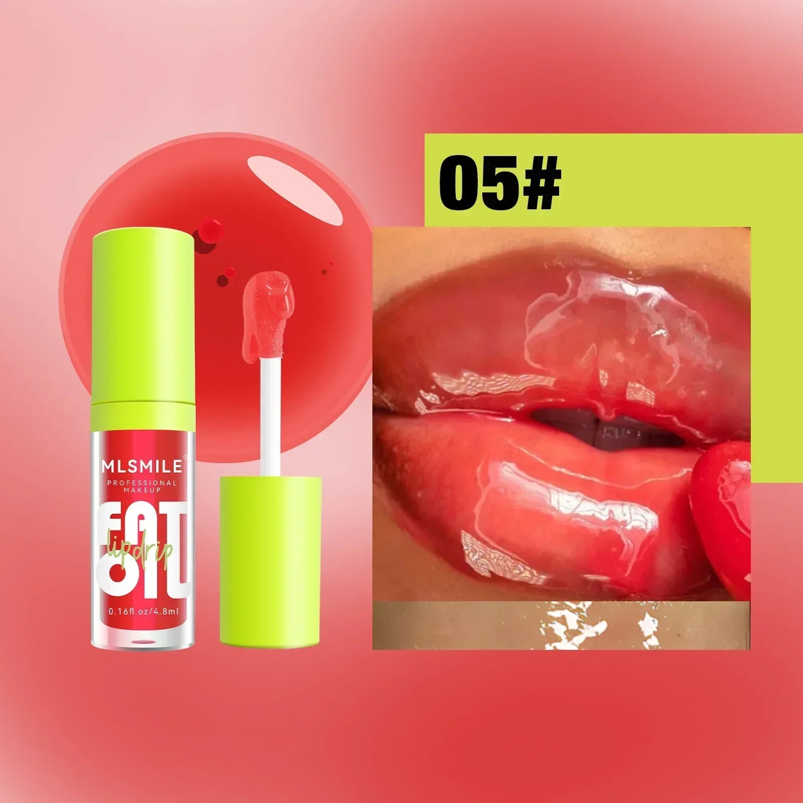 Glossy red lip oil with applicator and close-up of shiny lips shade 05#