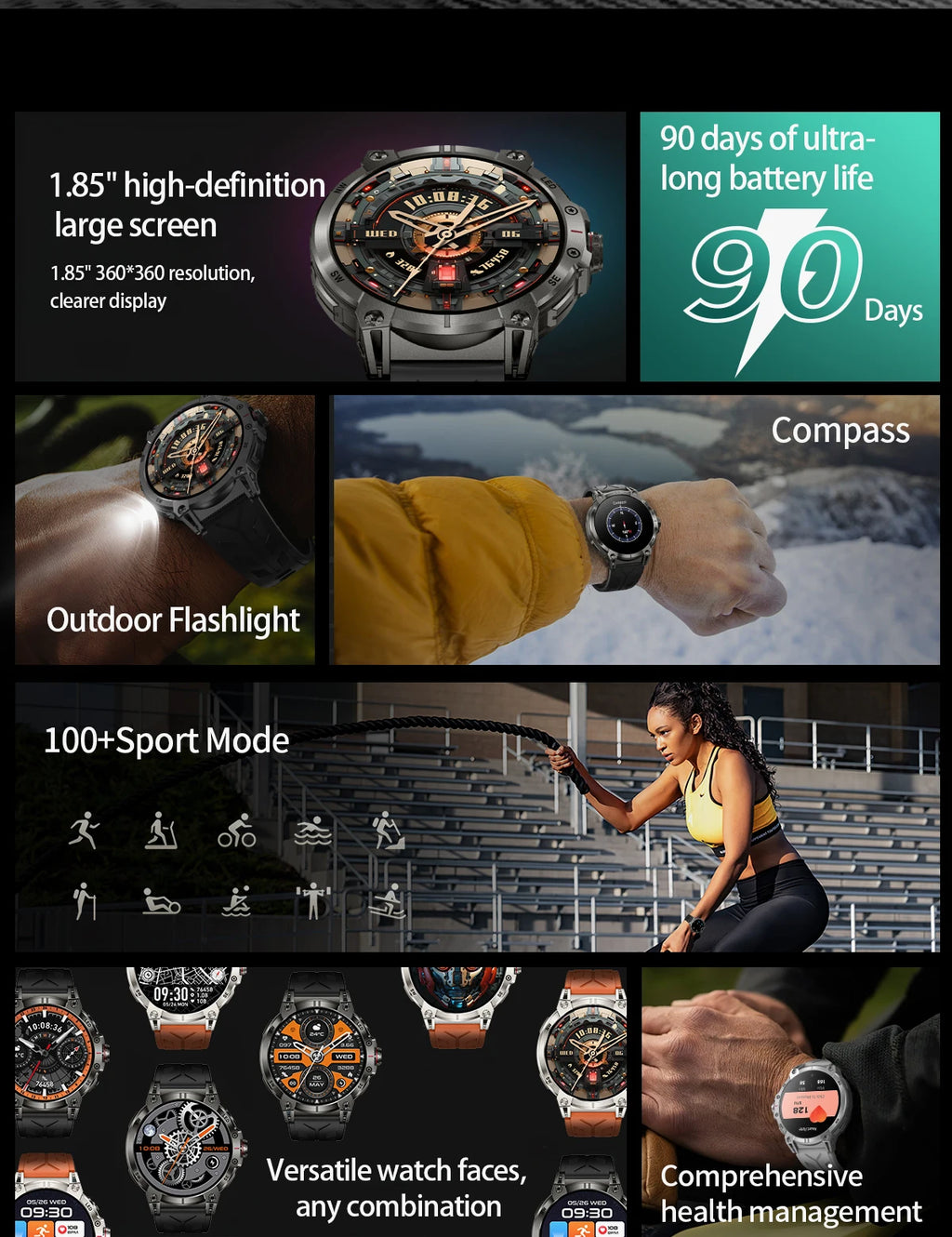 Military smartwatch men,760mAh Bluetooth call,LEDflashlight,compass,1.85HD Large screen,heart rate.blood pressure,IP68waterproof