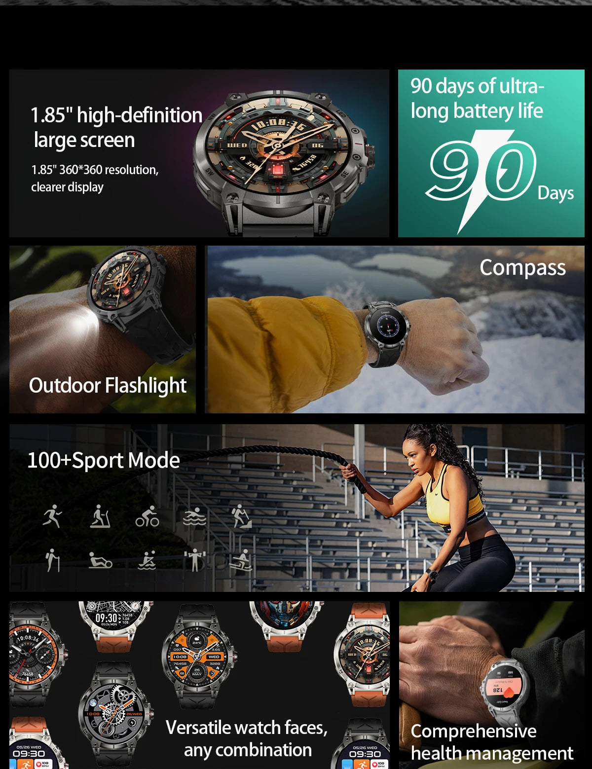Military smartwatch men,760mAh Bluetooth call,LEDflashlight,compass,1.85HD Large screen,heart rate.blood pressure,IP68waterproof