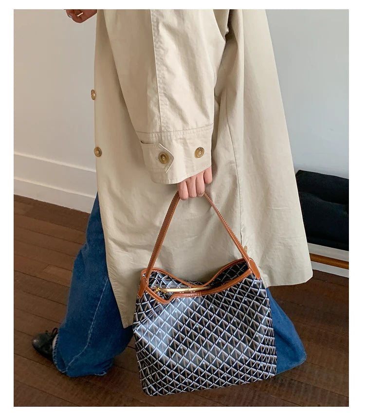 Large Capacity Women's Shoulder Bag Fashionable Commuter Tote Bag Soft PU Leather Printed Geometric Pattern Autumn New Arrival