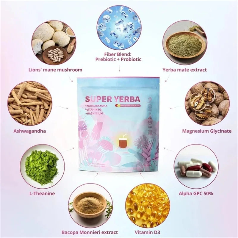 Super Yerba Aswagandha Magnesium Vitamin D Drink Energy Boost - Clean Energy, Brain Fog Buster and Gut Health Supplement