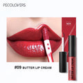 Glossy red lipstick applied on lips with lip gloss applicator, PECOLOVERS Butter Lip Cream #09.