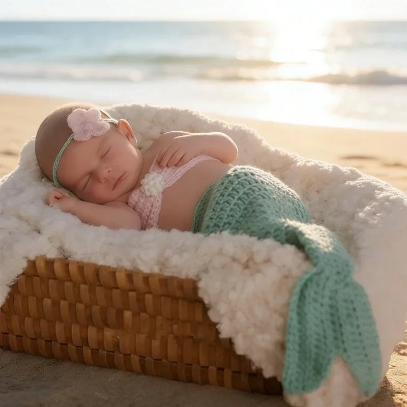Light Blue Knitted Mermaid 3pc Set Headwear Fish Tail Top Newborn Garment Infant Studio Portrait Shooting Basic Photography Wear