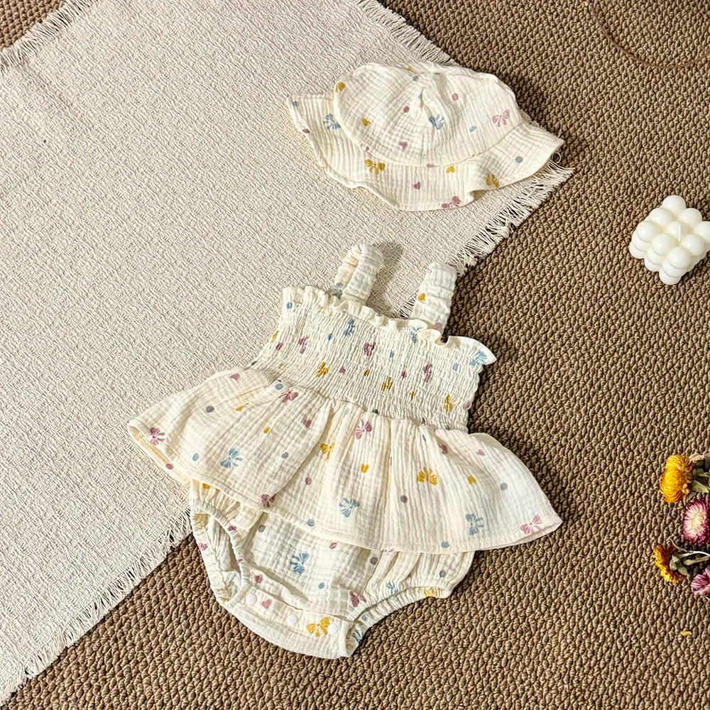 MILANCEL New Summer Baby Bodysuit 3-18M Sweet Bow Infant Girls Straps Jumpsuit +Hat Cotton Thin Toddler One Piece