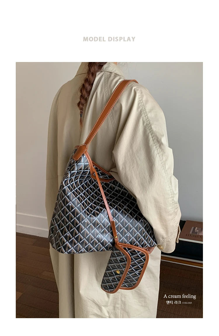 Large Capacity Women's Shoulder Bag Fashionable Commuter Tote Bag Soft PU Leather Printed Geometric Pattern Autumn New Arrival