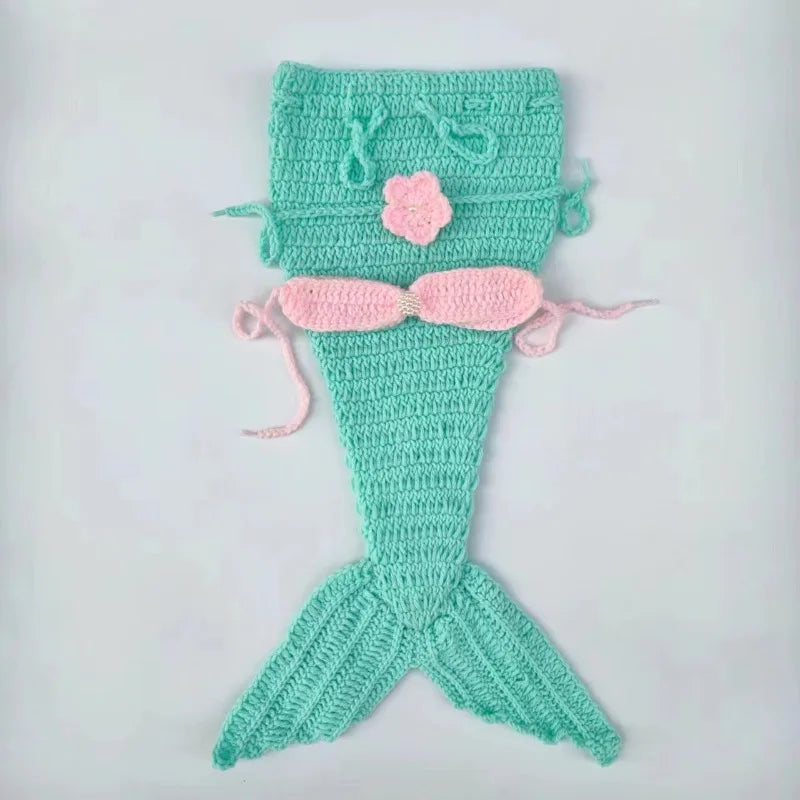 Light Blue Knitted Mermaid 3pc Set Headwear Fish Tail Top Newborn Garment Infant Studio Portrait Shooting Basic Photography Wear