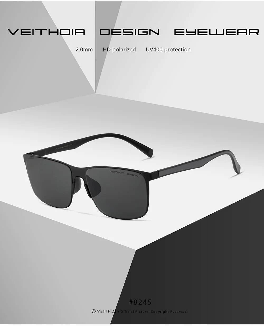 Black HD polarized sunglasses with rectangular frames and UV400 protection displayed on a gray background.