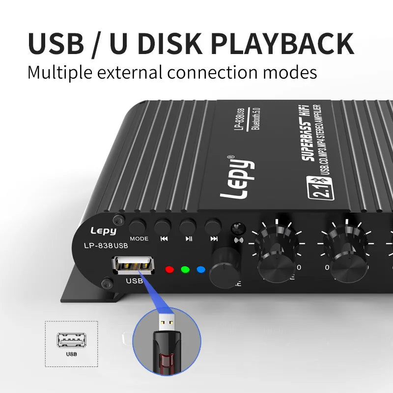 LP-838USB 2.1Channel Amplifier 12V Car Home Amp USB BT Lossless Music Play Digital Audio Amplificador with Remote Control HiFi