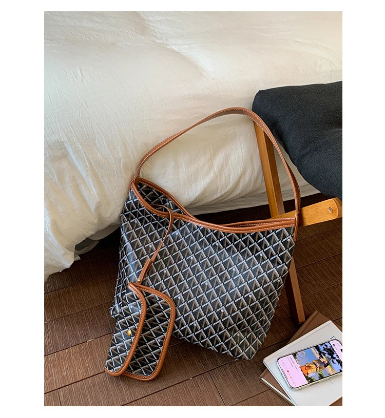 Large Capacity Women's Shoulder Bag Fashionable Commuter Tote Bag Soft PU Leather Printed Geometric Pattern Autumn New Arrival