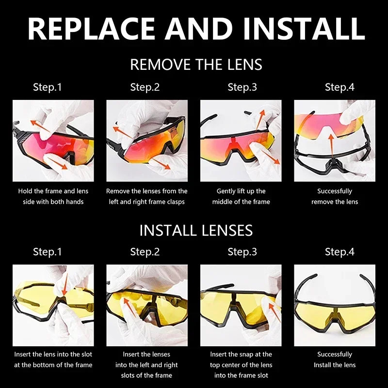 Step-by-step guide on how to replace and install lenses in sports sunglasses, with photos.