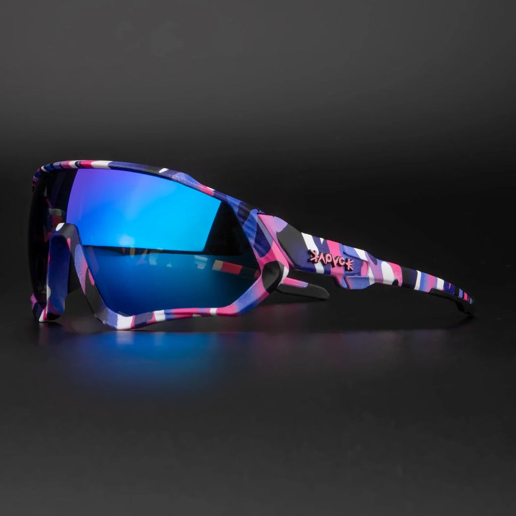 Colorful camo sport sunglasses with blue mirrored lenses on black background