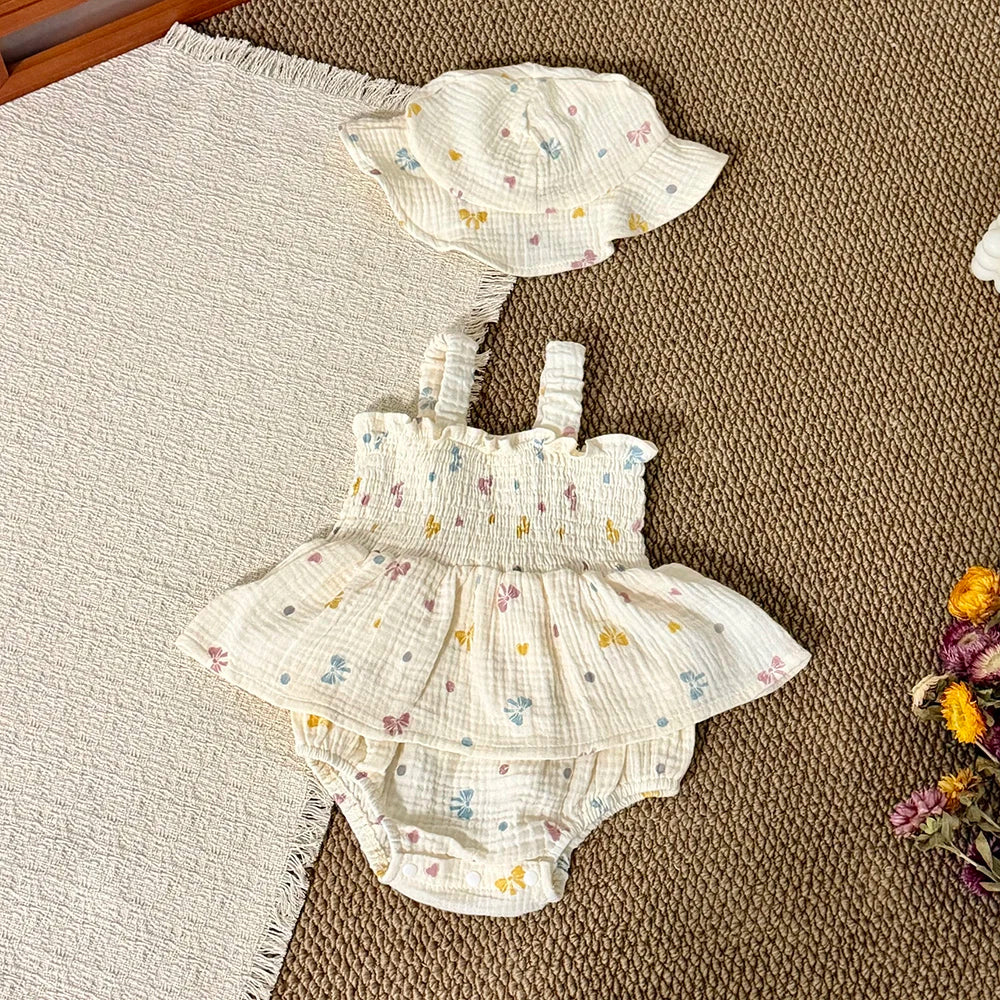 MILANCEL New Summer Baby Bodysuit 3-18M Sweet Bow Infant Girls Straps Jumpsuit +Hat Cotton Thin Toddler One Piece