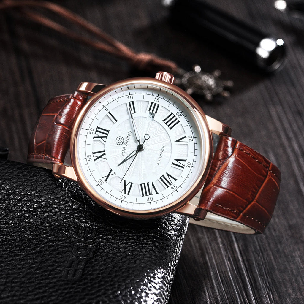 Forsining Classic Business Automatic Mens Watch Calendar Luxury Brand Brown Leather Strap Fashion Rose Gold Mechanical Watches