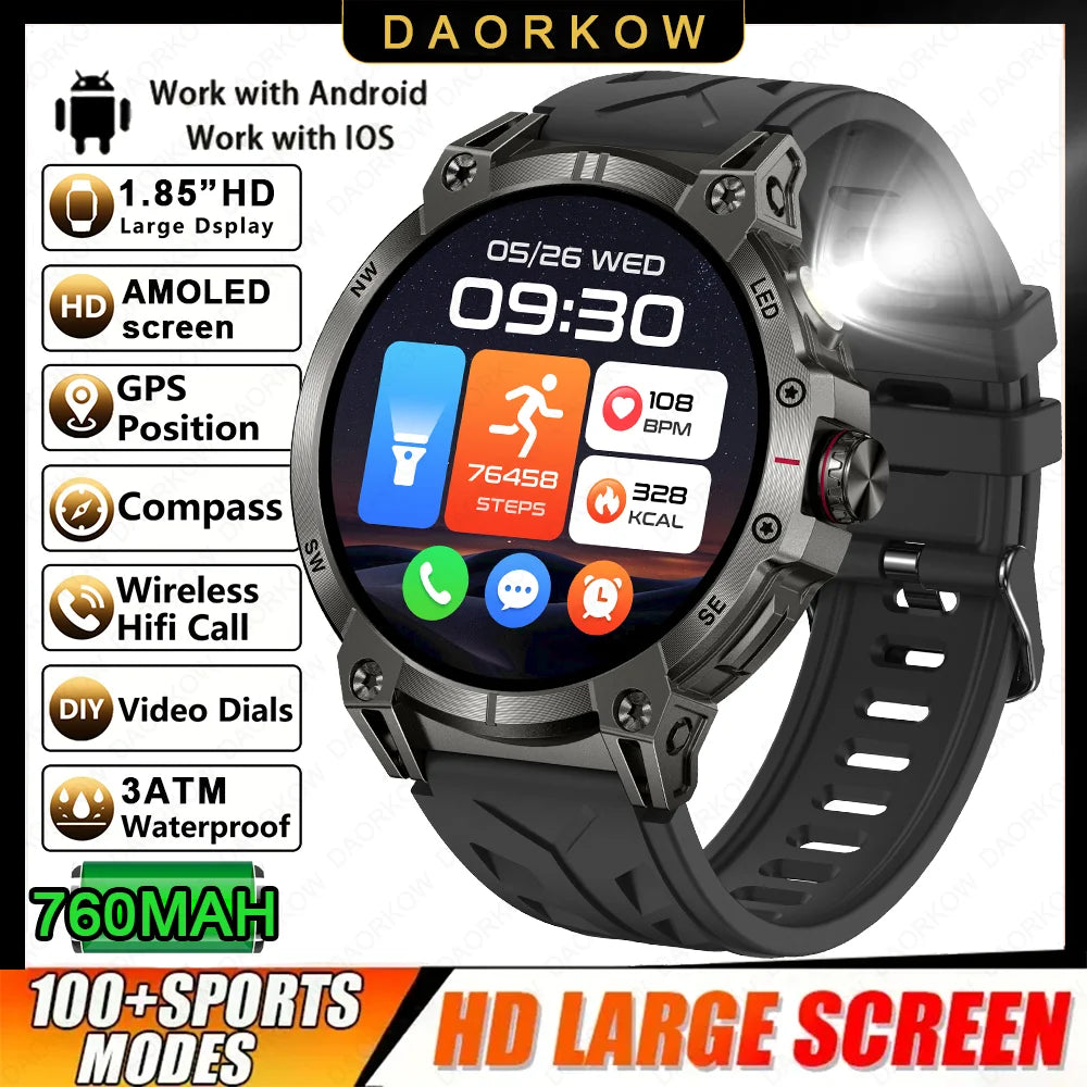 Military smartwatch men,760mAh Bluetooth call,LEDflashlight,compass,1.85HD Large screen,heart rate.blood pressure,IP68waterproof