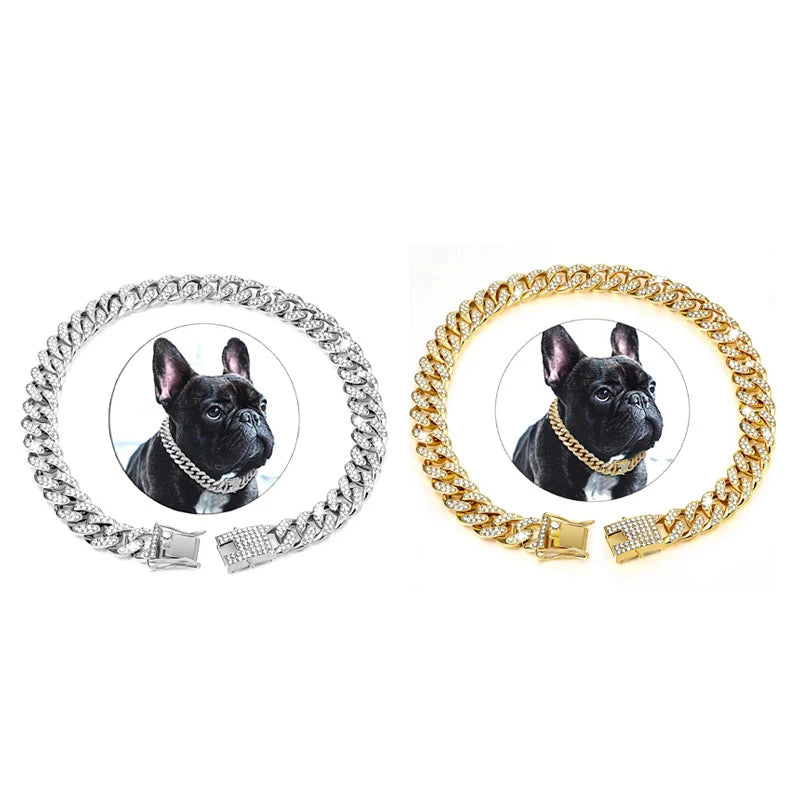 1/2pcs Pet Dog Collar Cat Chain Diamond Walking Metal Chain Collar With Design Secure Buckle Jewelry Accessories Cuban Collar
