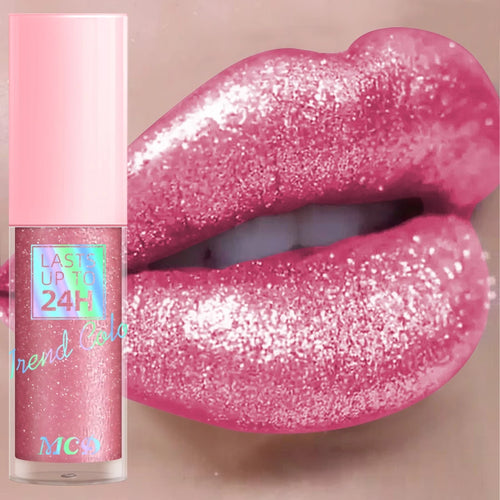 Shimmery pink glitter liquid lipstick on lips with long-lasting 24H label