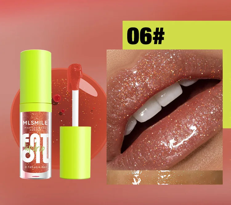 Glitter lip oil in orange-red shade, glossy lips, cosmetic applicator, shade 06#