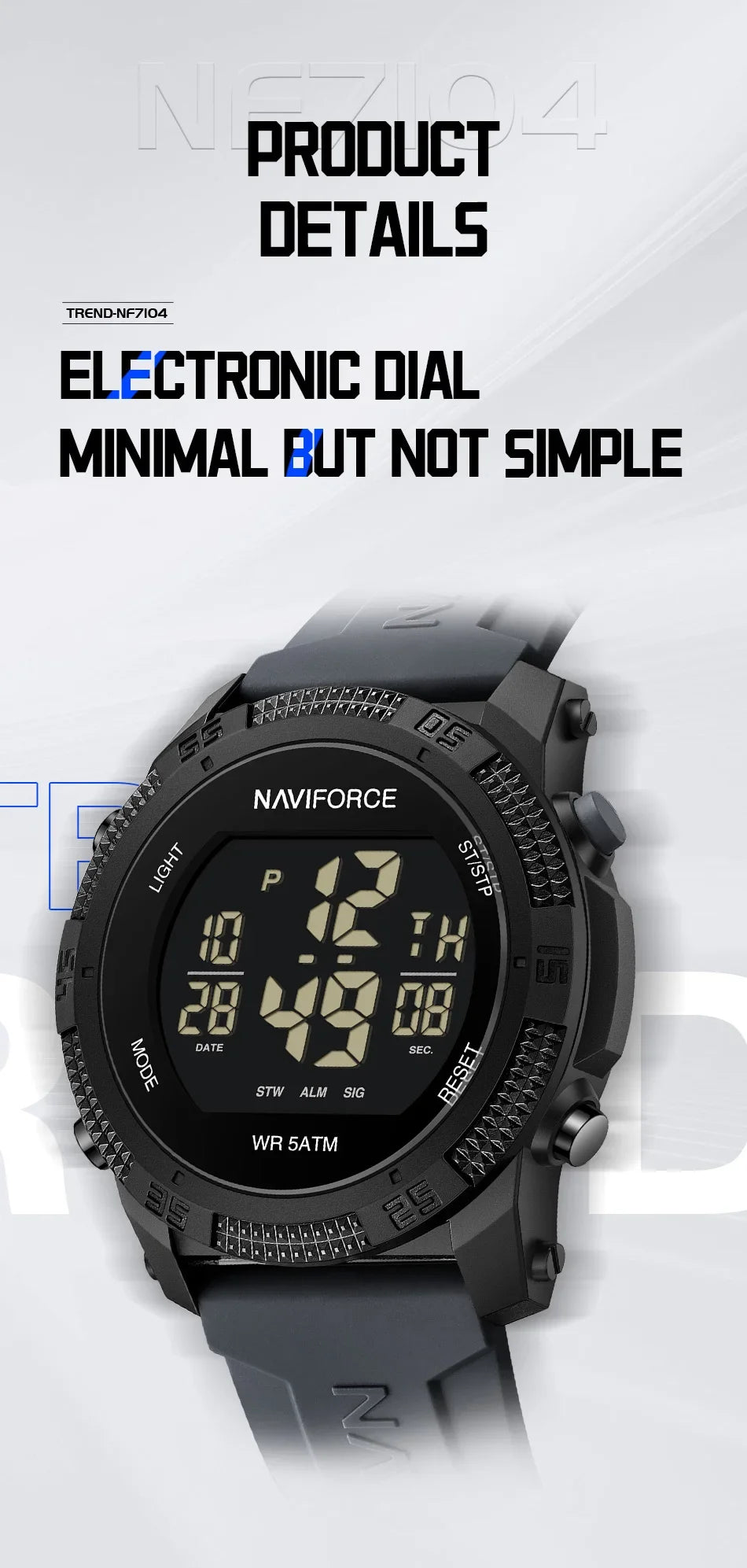 NAVIFORCE NF7104 Men's LCD Digital Leisure Date and Week Alarm Clock Waterproof Silicone Strap Electronic Premium Watch