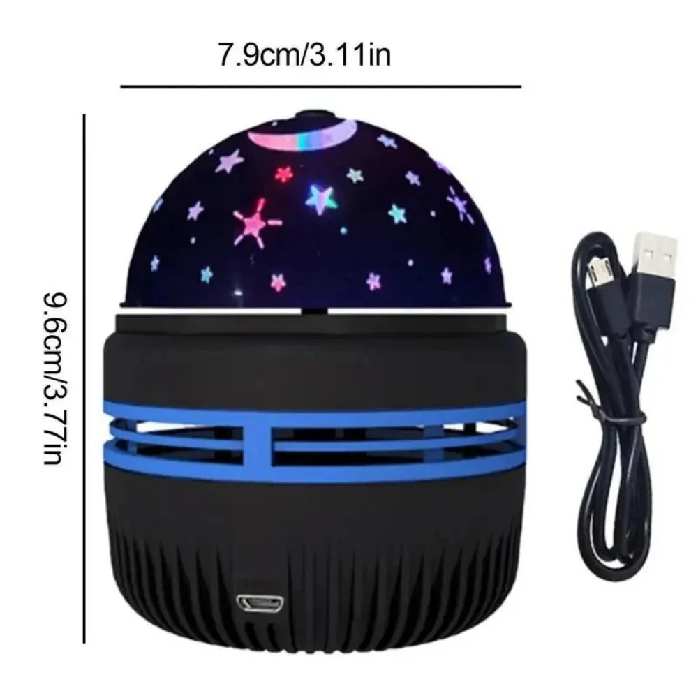 Star projector night light with USB cable, compact black and blue design, size displayed.