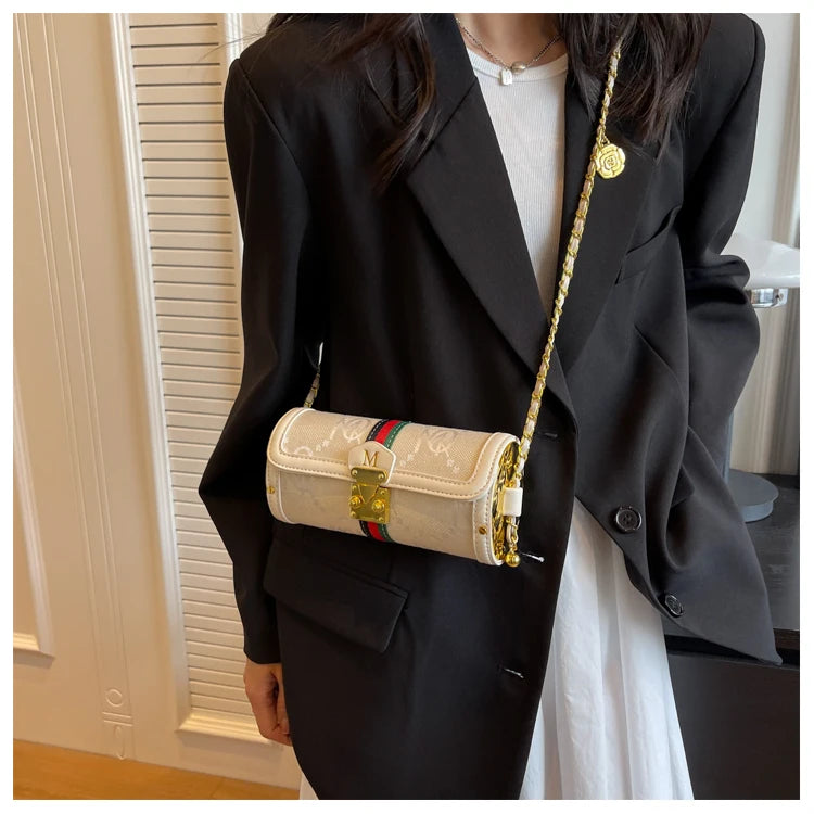 Fashionable Retro Summer Women's Chain Crossbody Bag Trendy Cylinder Bag Soft PU Leather Casual Style Small Size Korean Style