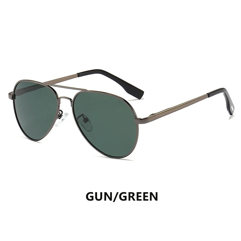 Aviator sunglasses with gunmetal frame and green tinted lenses on white background.