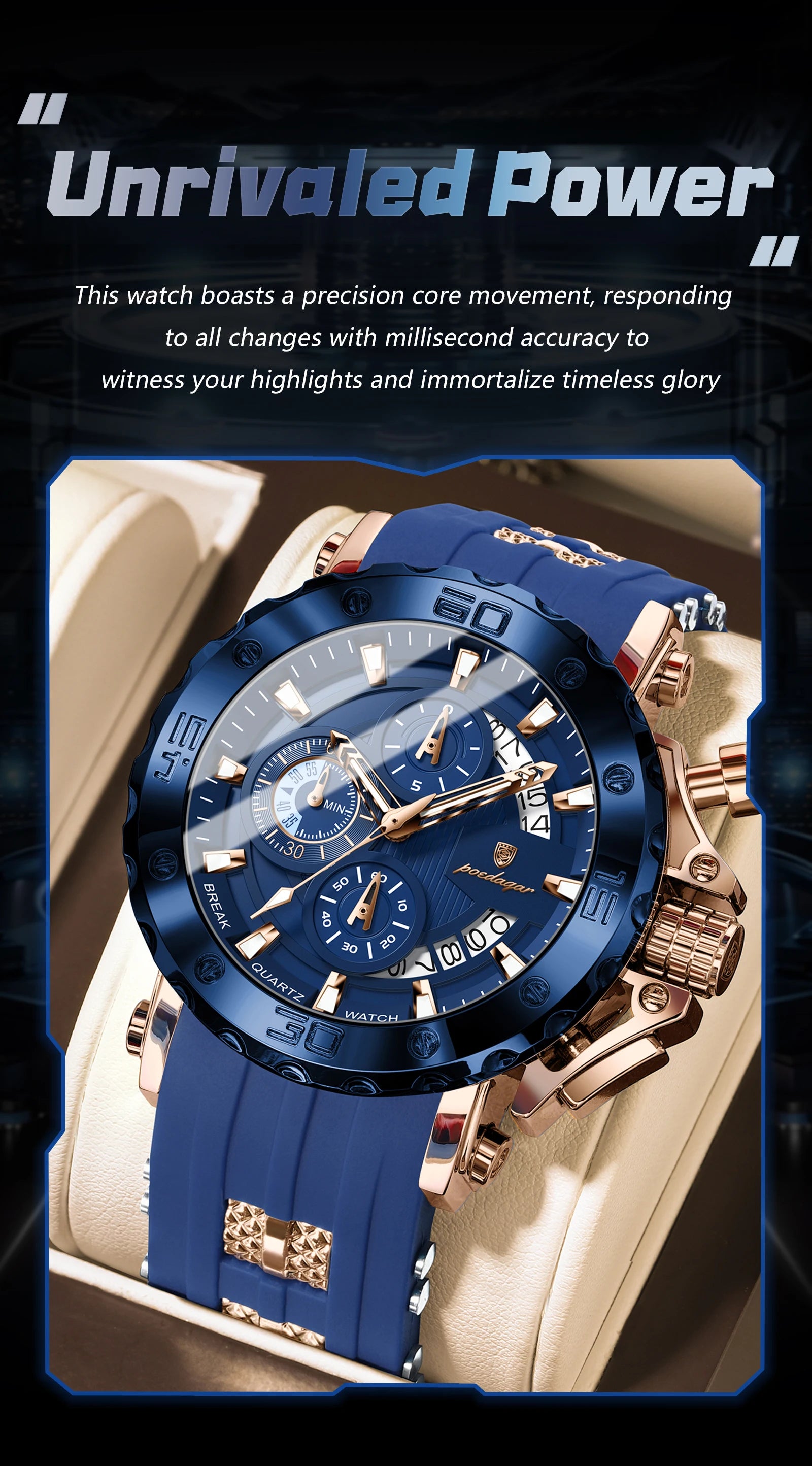 POEDAGAR Original Luxury Man Watch Chronograph Waterproof Luminous Sports Men Clock Calendar Silicone Strap Quartz Men's Watches