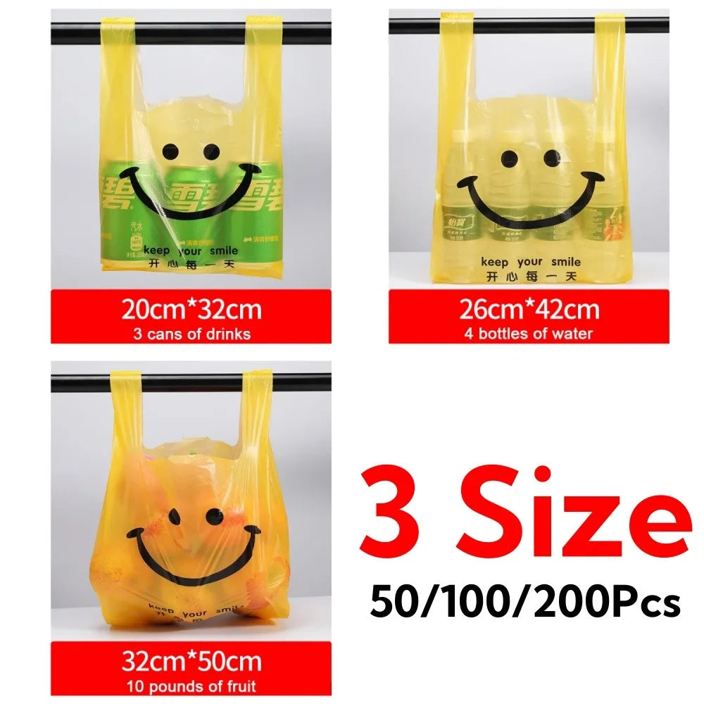 200-50Pcs Plastic Shopping Bags with Handle  3 Sizes Supermarket Shopping Convenient Reusable Bag Kitchen Storage Plastic Bag