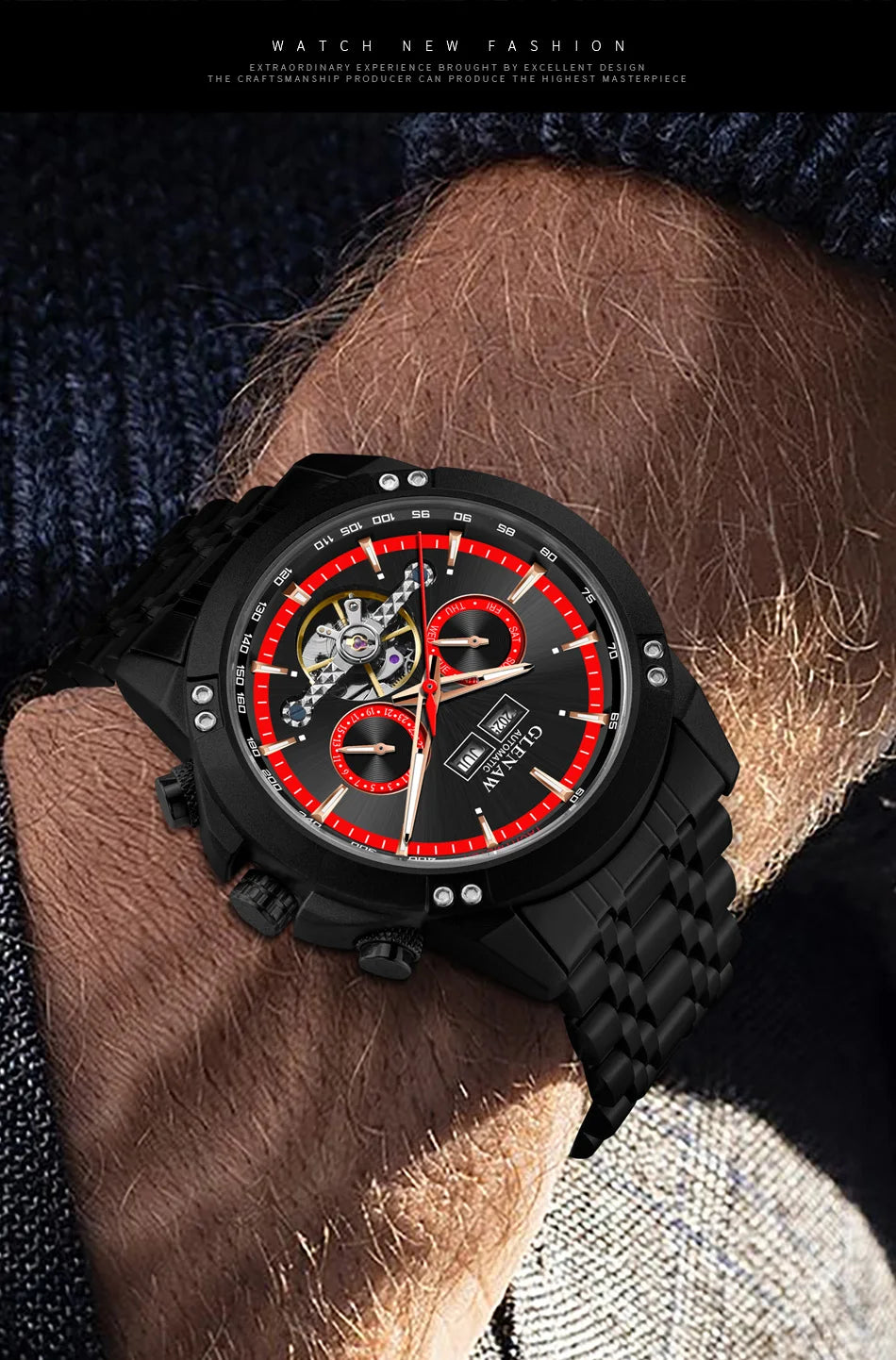 Glenaw high-end brand fully automatic mechanical multi-function watch men's business personality trend waterproof watch