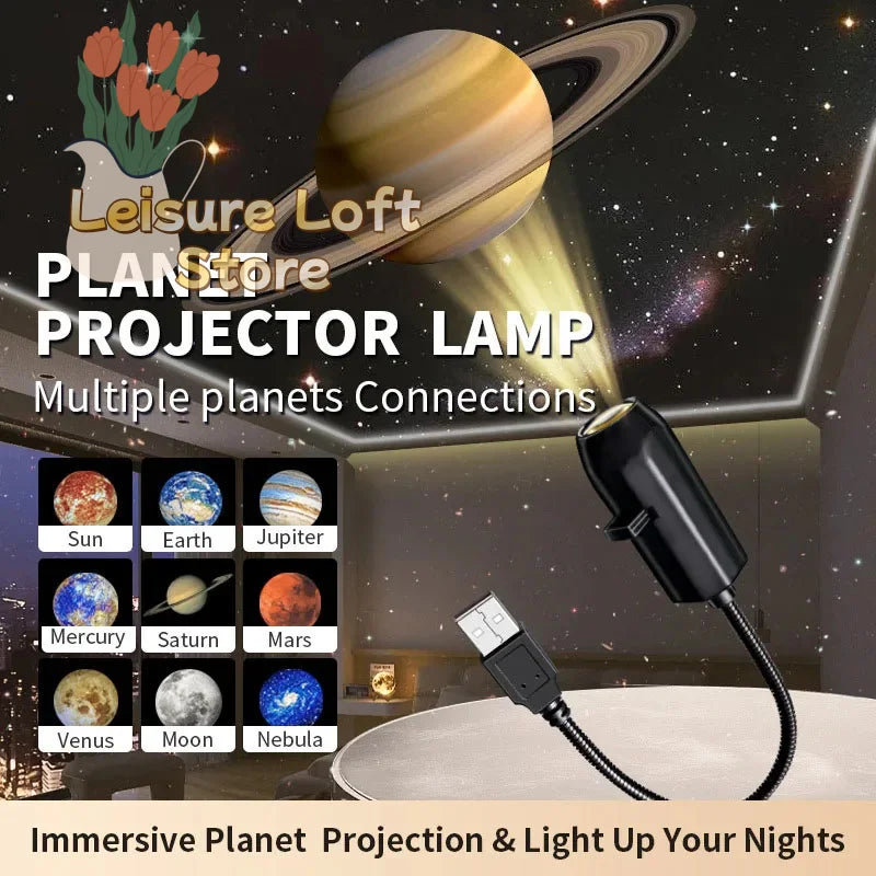 Planet projector lamp projecting planets and stars on ceiling, USB powered, home decor accessory